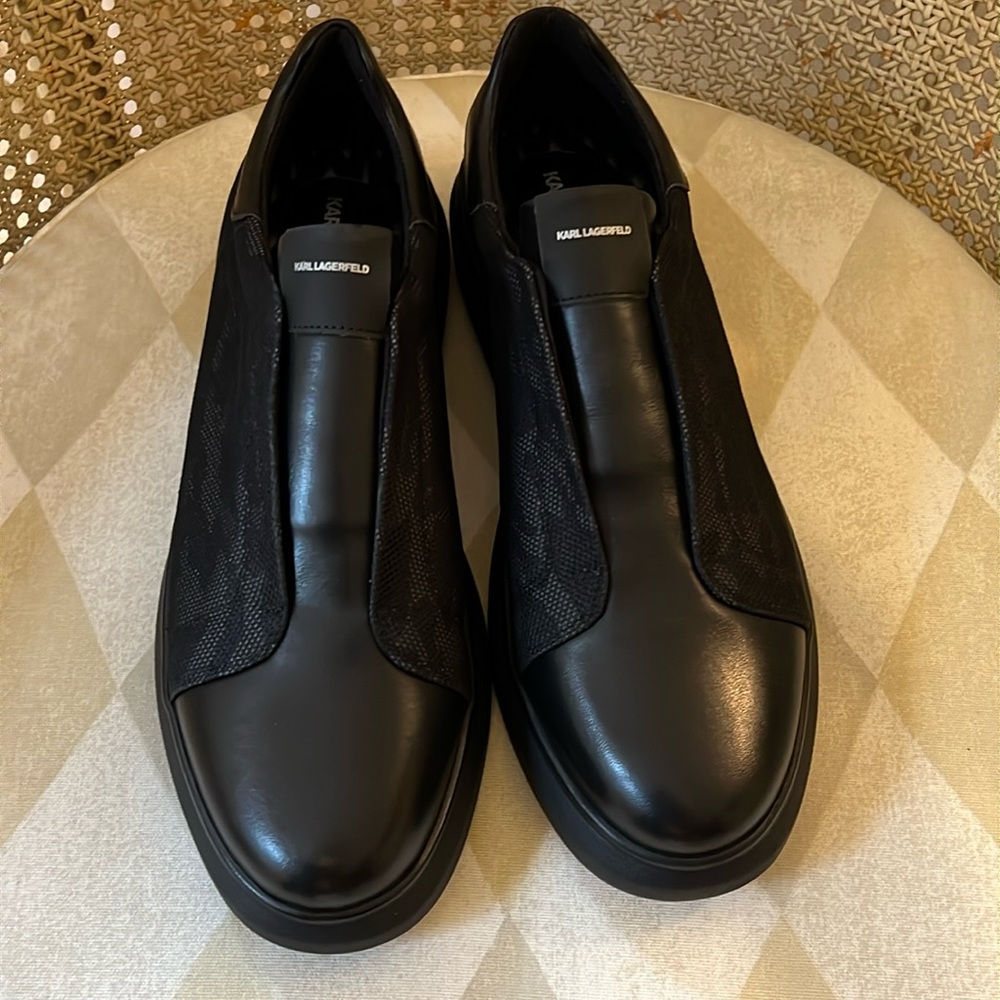 Karl Lagerfeld Paris Mens’ Black Leather Shoes, NWOT, 11 Slip On Business Formal